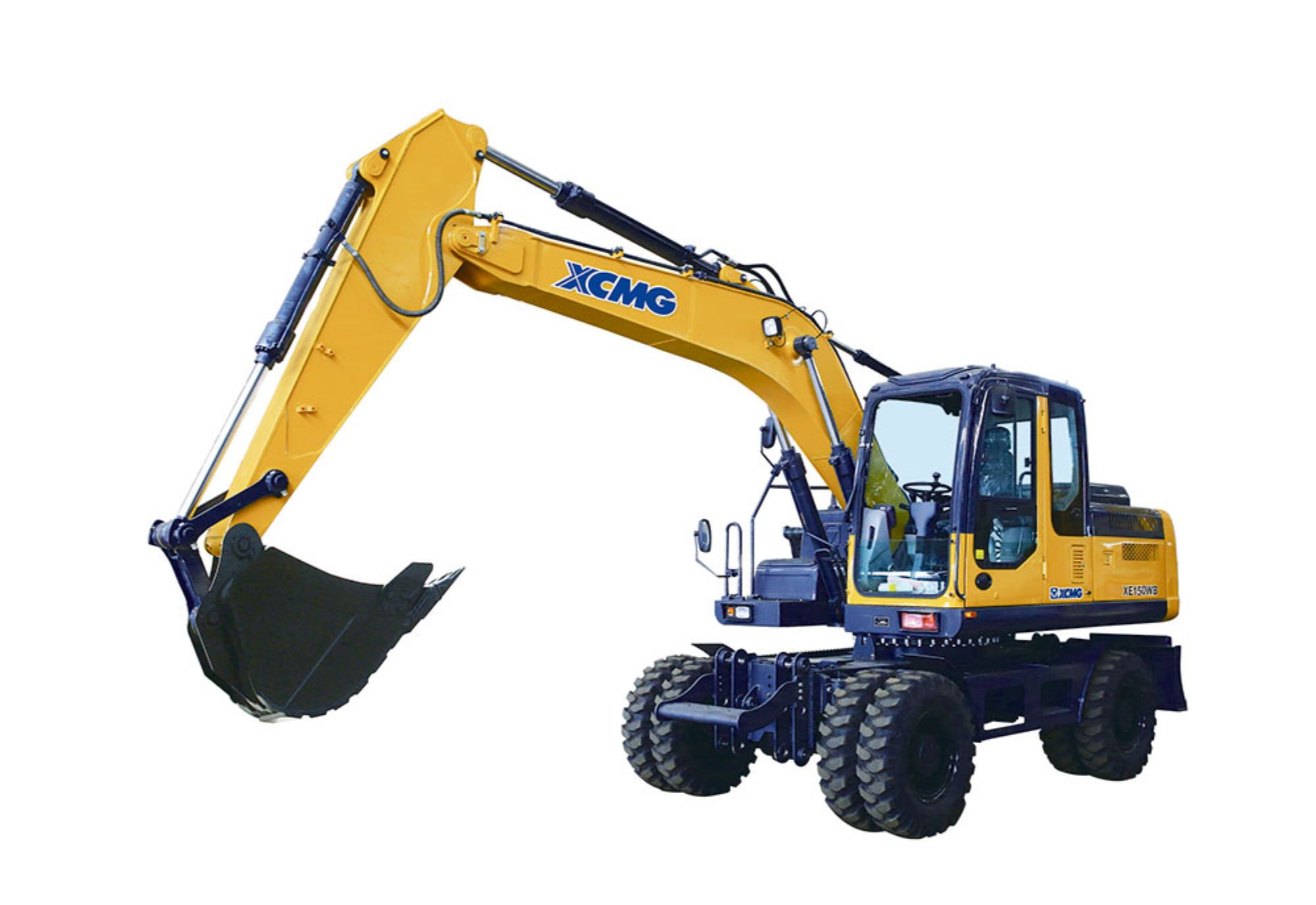 XCMG XE150WB wheeled excavator in yellow and blue finish